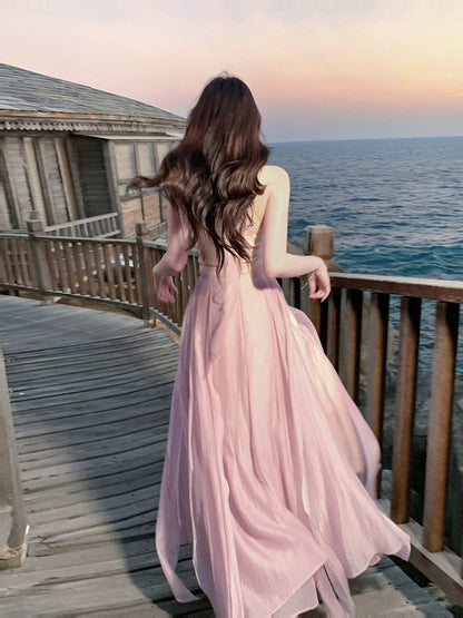 Bescheidenes A-Linien Neckholder Rosa Chiffon Frühling Sommer Event Outfits Hochzeitsgast Kleider RB3860