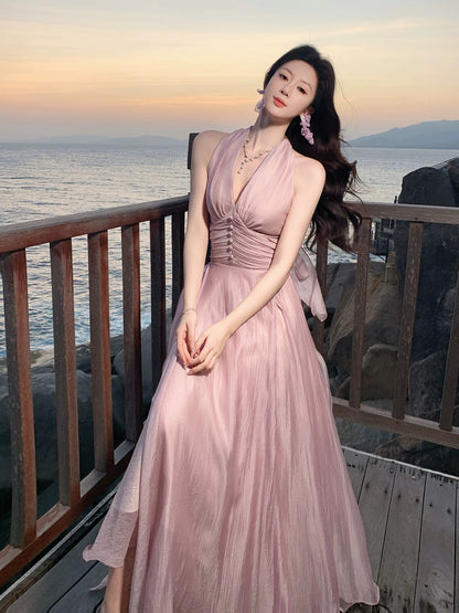 Bescheidenes A-Linien Neckholder Rosa Chiffon Frühling Sommer Event Outfits Hochzeitsgast Kleider RB3860
