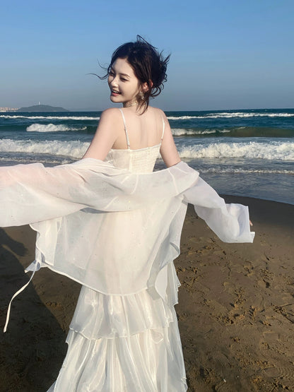 Robe de soirée trapèze simple à fines bretelles blanche pour croisière, tenue d'anniversaire pour les 20 ans RB3861