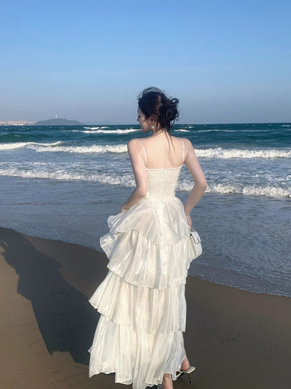 Robe de soirée trapèze simple à fines bretelles blanche pour croisière, tenue d'anniversaire pour les 20 ans RB3861