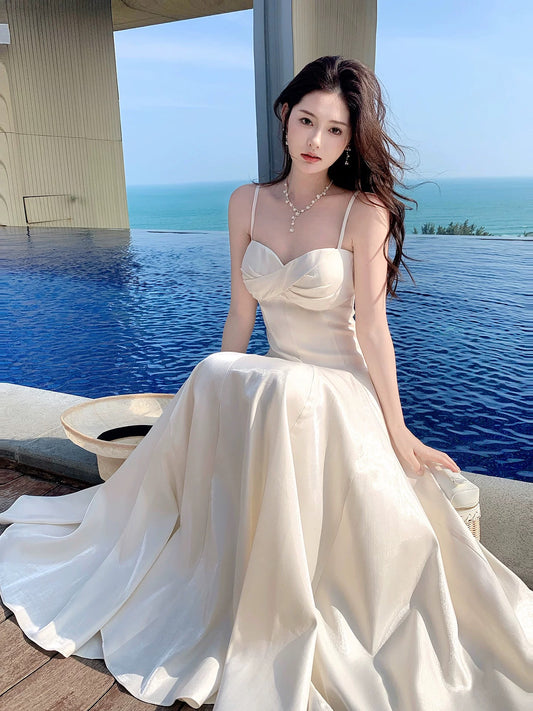 Simple A line Spaghetti Strap White Cruise Ship Formal Night Evening Dresses 20th Birthday Outfit RB3862