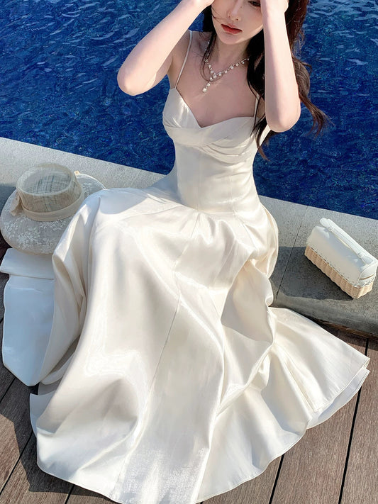 Simple A line Spaghetti Strap White Cruise Ship Formal Night Evening Dresses 20th Birthday Outfit RB3862