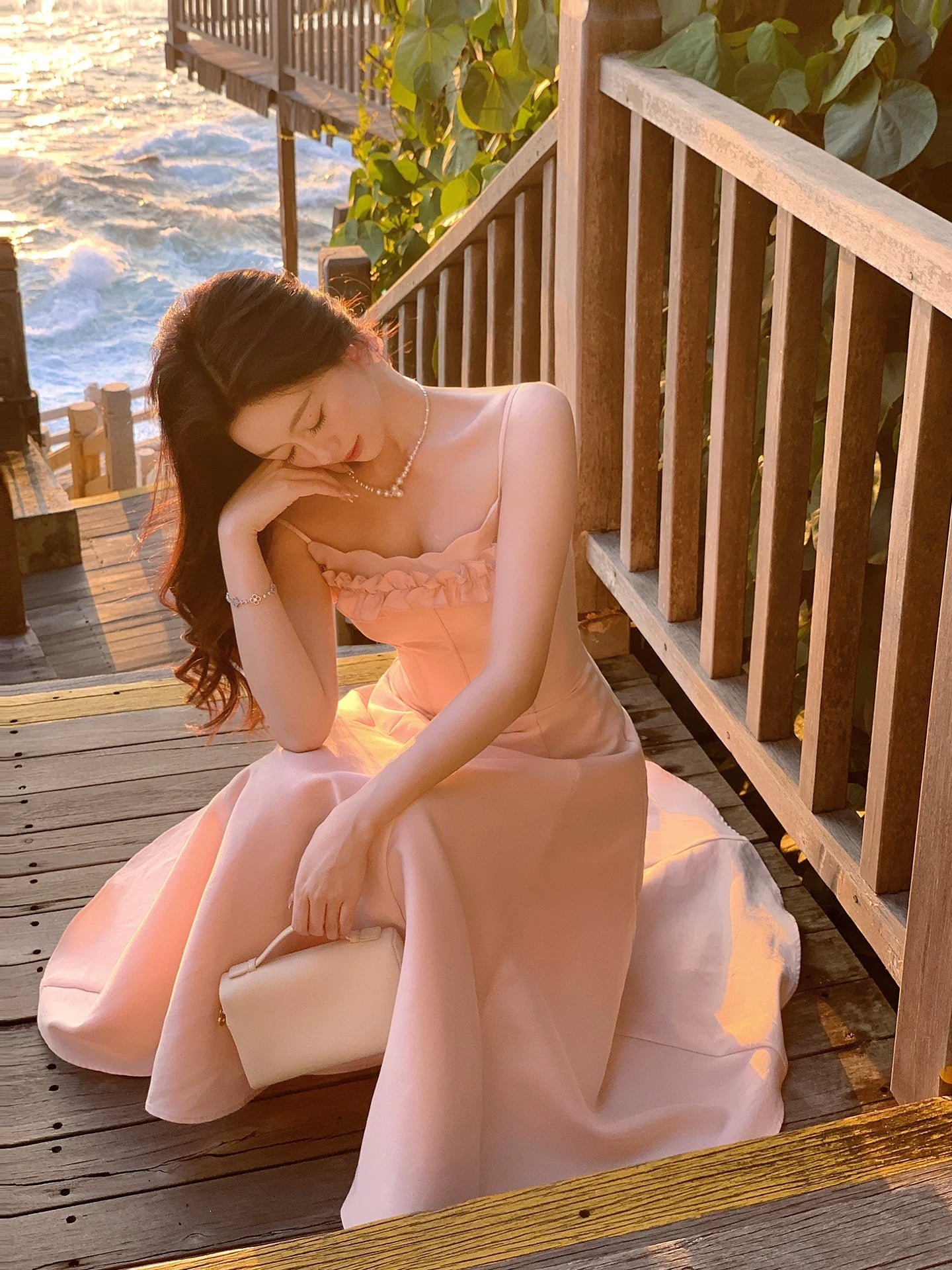 Robes de soirée rose blush longueur thé pour printemps/été, modestes, coupe trapèze, à fines bretelles, pour invitées de mariage RB3863