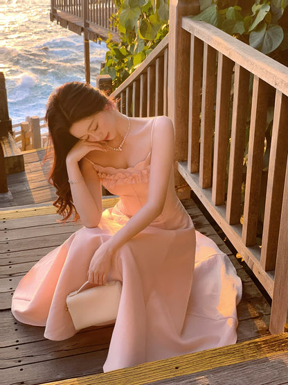 Robes de soirée rose blush longueur thé pour printemps/été, modestes, coupe trapèze, à fines bretelles, pour invitées de mariage RB3863