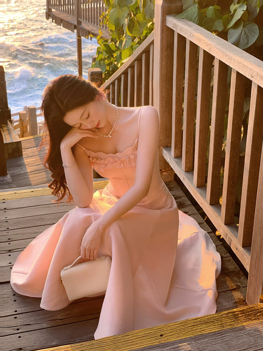 Modest A line Spaghetti Strap Blush Pink Tea Length Spring Summer Event Outfits Wedding Guest Dresses RB3863
