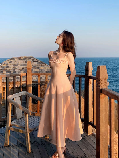 Robes de soirée rose blush longueur thé pour printemps/été, modestes, coupe trapèze, à fines bretelles, pour invitées de mariage RB3863