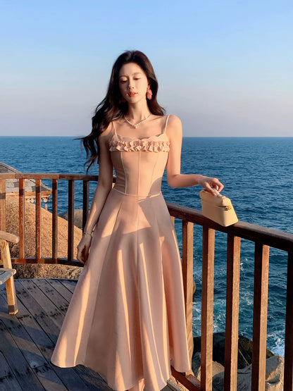 Robes de soirée rose blush longueur thé pour printemps/été, modestes, coupe trapèze, à fines bretelles, pour invitées de mariage RB3863