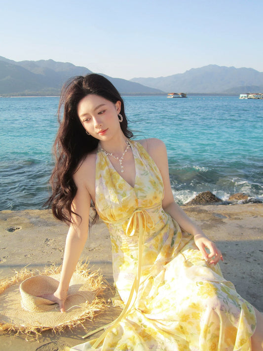 Pretty A line Halter Yellow Floral Tea Length Spring Summer Event Outfits Wedding Guest Dresses RB3865