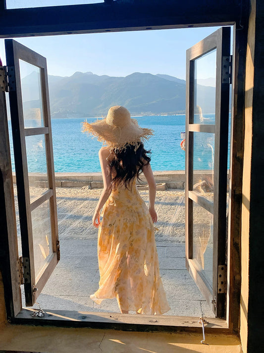 Pretty A line Halter Yellow Floral Tea Length Spring Summer Event Outfits Wedding Guest Dresses RB3865