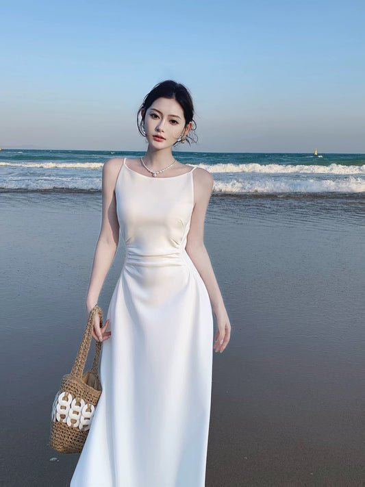 Pretty A Line Spaghetti Strap White Mid Length Spring Summer Event Outfits Wedding Guest Dresses RB3867