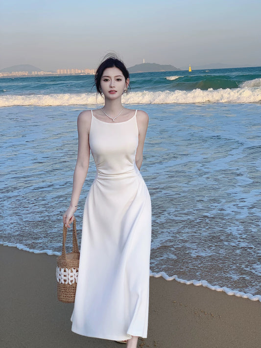 Pretty A Line Spaghetti Strap White Mid Length Spring Summer Event Outfits Wedding Guest Dresses RB3867