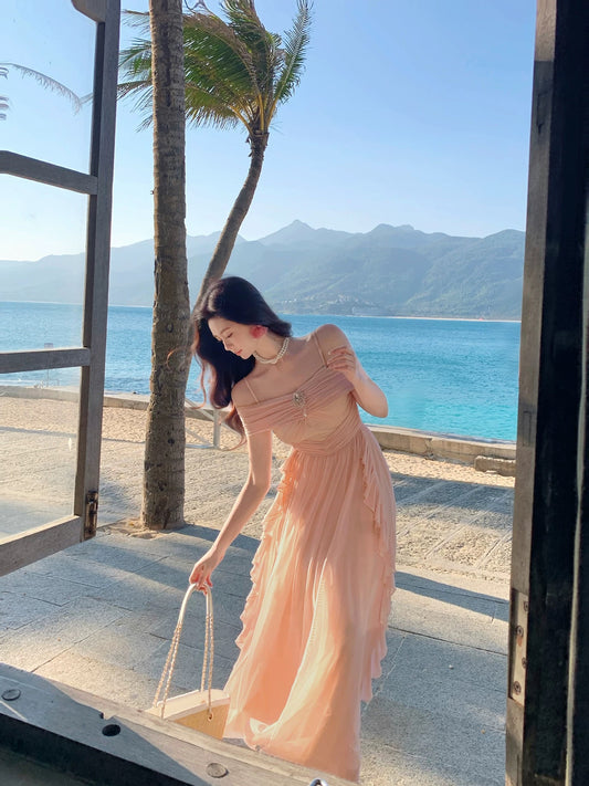 Pretty A Line Spaghetti Strap Pink Chiffon Spring Summer Event Outfits Wedding Guest Dresses RB3868