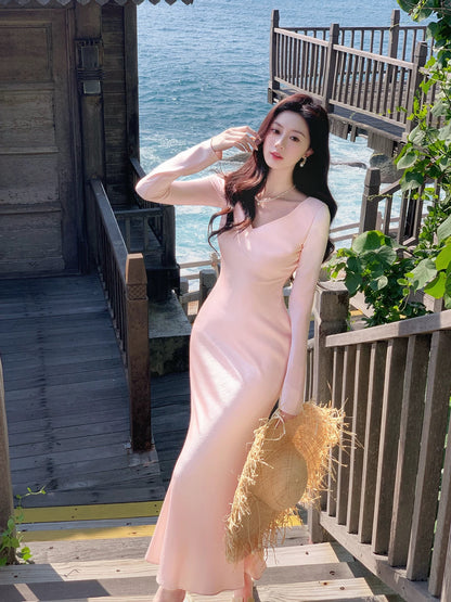 Hübsches Meerjungfrauenkleid mit V-Ausschnitt und langen Ärmeln, pink, für Frühling und Sommer, Event-Outfits, Hochzeitsgastkleider RB3869