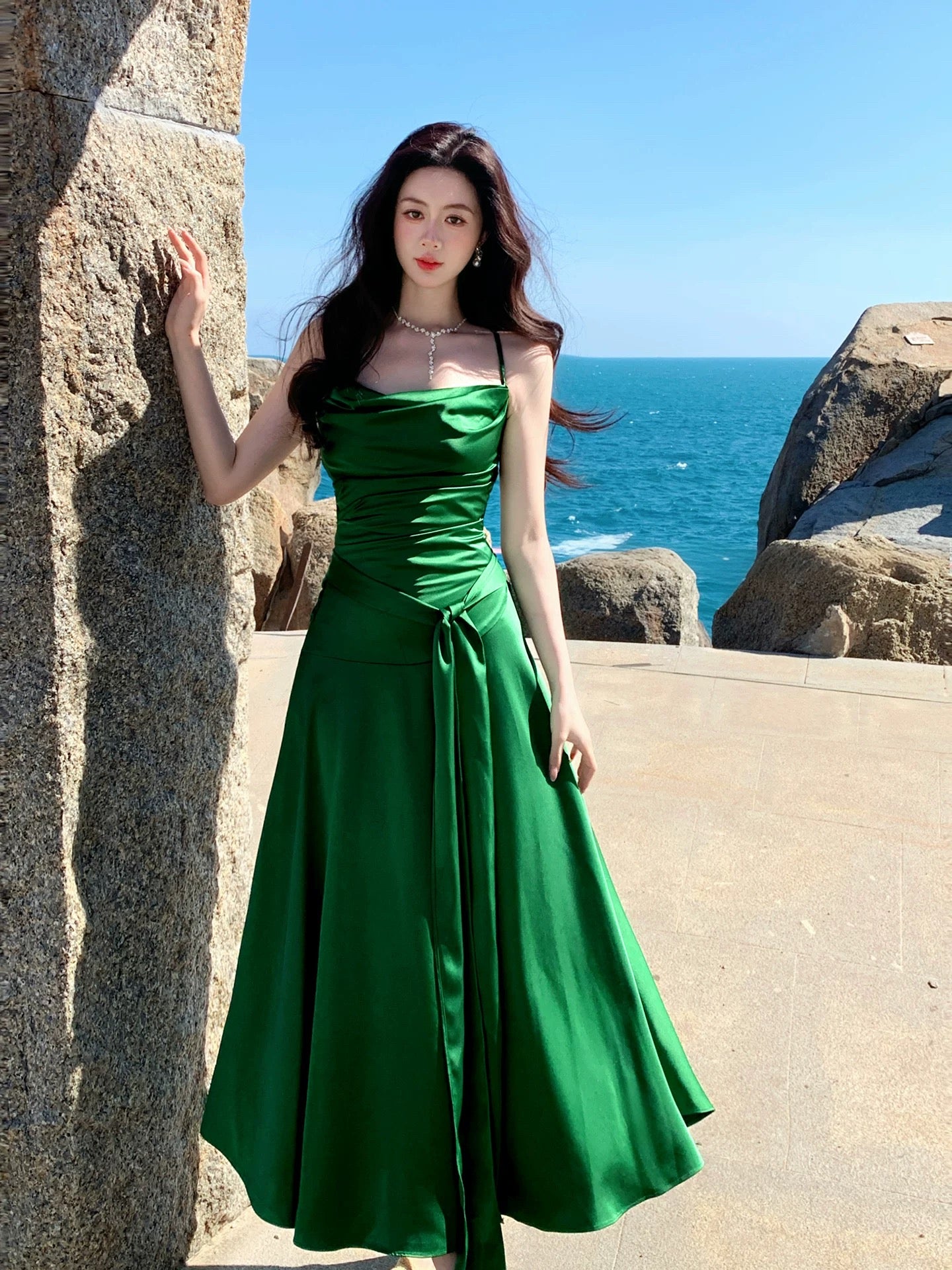 Simple A line Spaghetti Strap Dark Green Cruise Ship Formal Night Evening Dresses 20th Birthday Outfit RB3871