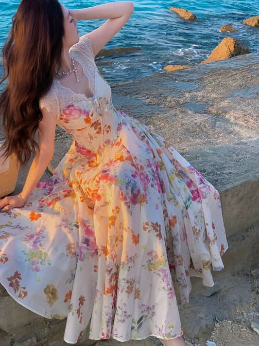 Pretty A line V Neck Pink Spring Floral Summer Event Outfits Wedding Guest Dresses RB3876