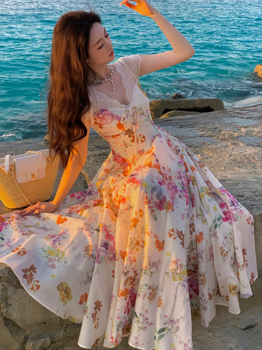 Pretty A line V Neck Pink Spring Floral Summer Event Outfits Wedding Guest Dresses RB3876
