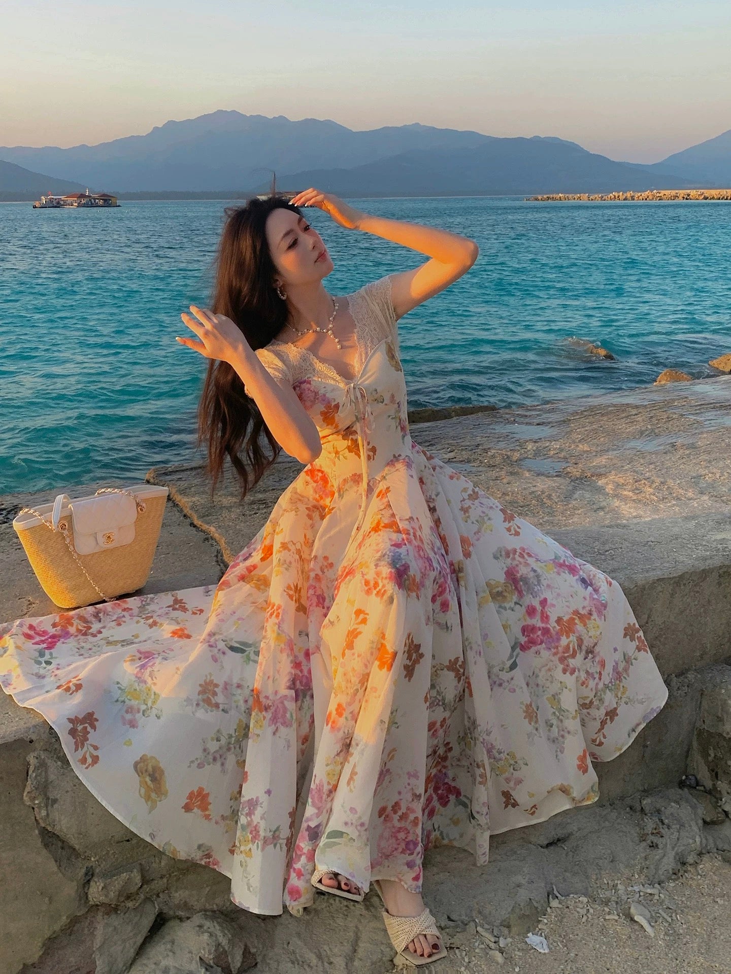 Pretty A line V Neck Pink Spring Floral Summer Event Outfits Wedding Guest Dresses RB3876