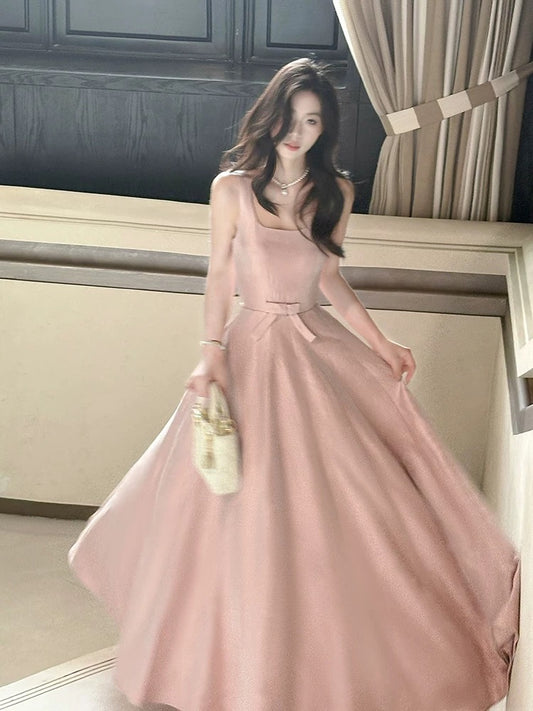 Pretty A line Square Neck Pink Spring Floral Summer Event Outfits Wedding Guest Dresses RB3878