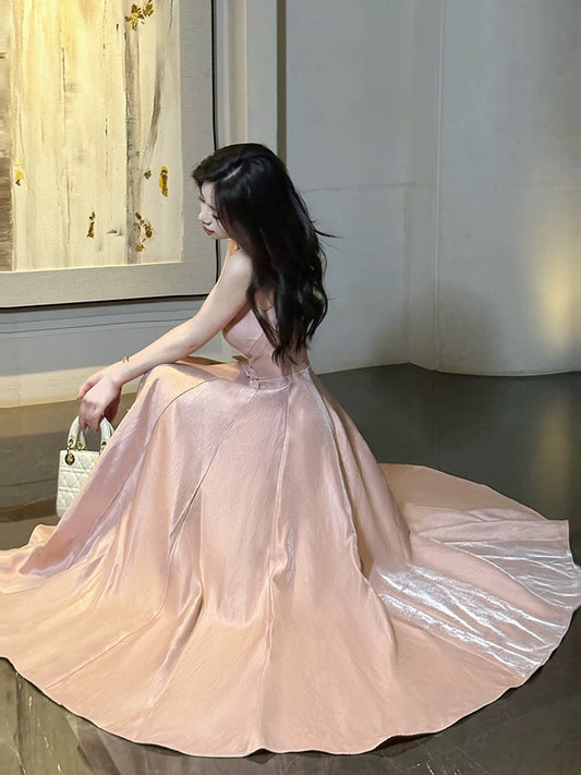 Pretty A line Square Neck Pink Spring Floral Summer Event Outfits Wedding Guest Dresses RB3878