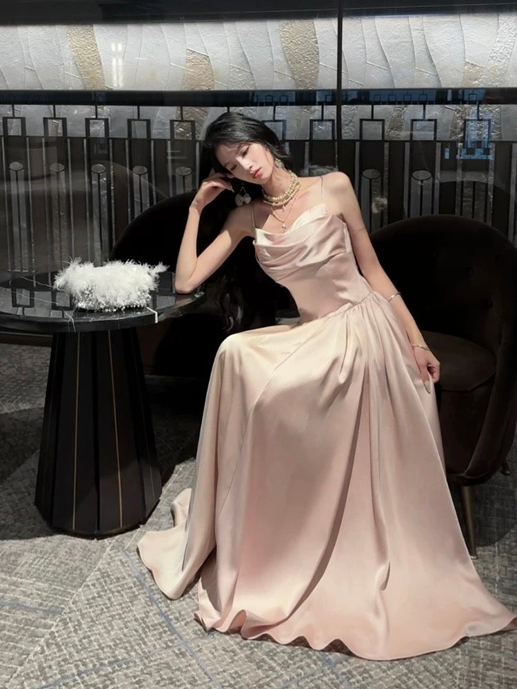 Simple A Line Spaghetti Strap Pink Satin Cruise Ship Formal Night Evening Dresses 20th Birthday Outfit RB3877
