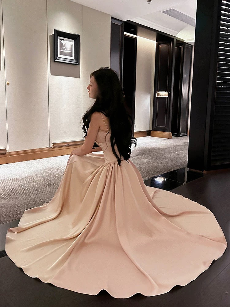 Simple A Line Spaghetti Strap Pink Satin Cruise Ship Formal Night Evening Dresses 20th Birthday Outfit RB3877
