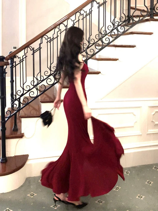 Simple Mermaid Spaghetti Strap Burgundy Cruise Ship Formal Night Evening Dresses 20th Long Birthday Outfit RB3879