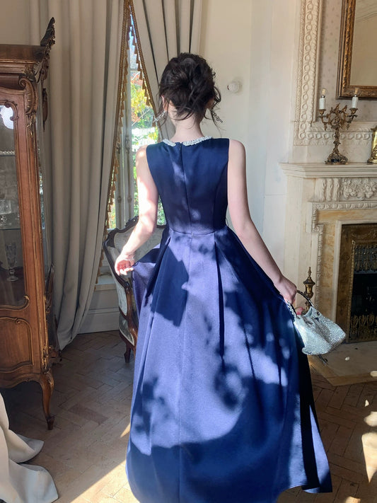 Elegante A-Linien-Kleider mit Rundhalsausschnitt in Königsblau für Hochzeitsgäste, lange Ball- und Abendkleider AB1852