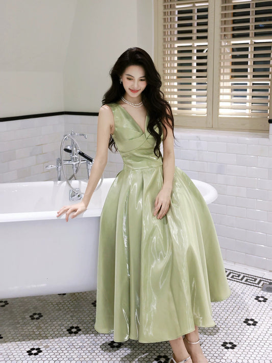 Pretty A line V Neck Sage Green Spring Floral Summer Event Outfits Wedding Guest Dresses RB3880