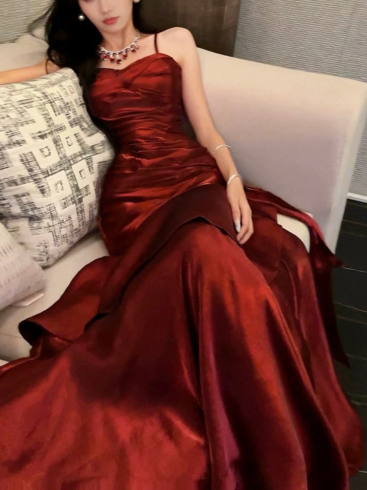 Modest Mermaid Spaghetti Strap Burgundy Cruise Ship Formal Night Evening Dresses 21st Long Birthday Outfit RB3881