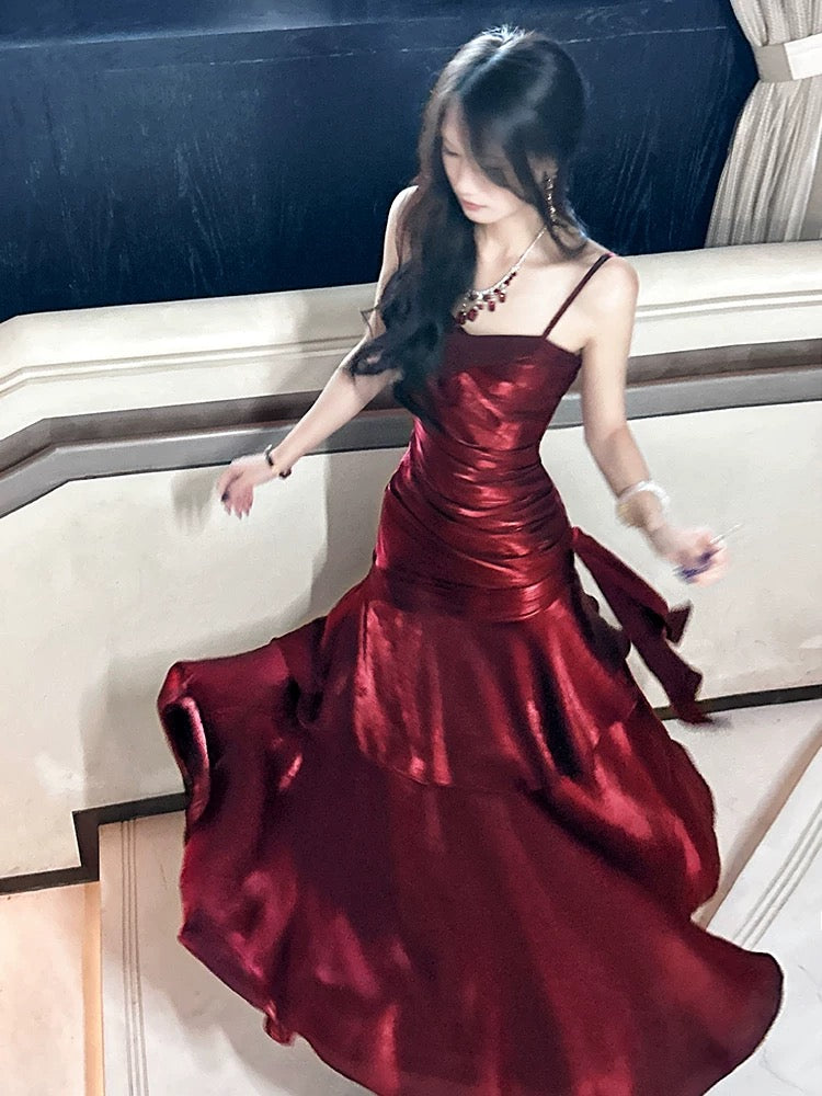 Robe de soirée sirène modest avec bretelles fines bordeaux pour croisière, soirée formelle, 21e anniversaire, tenue longue RB3881
