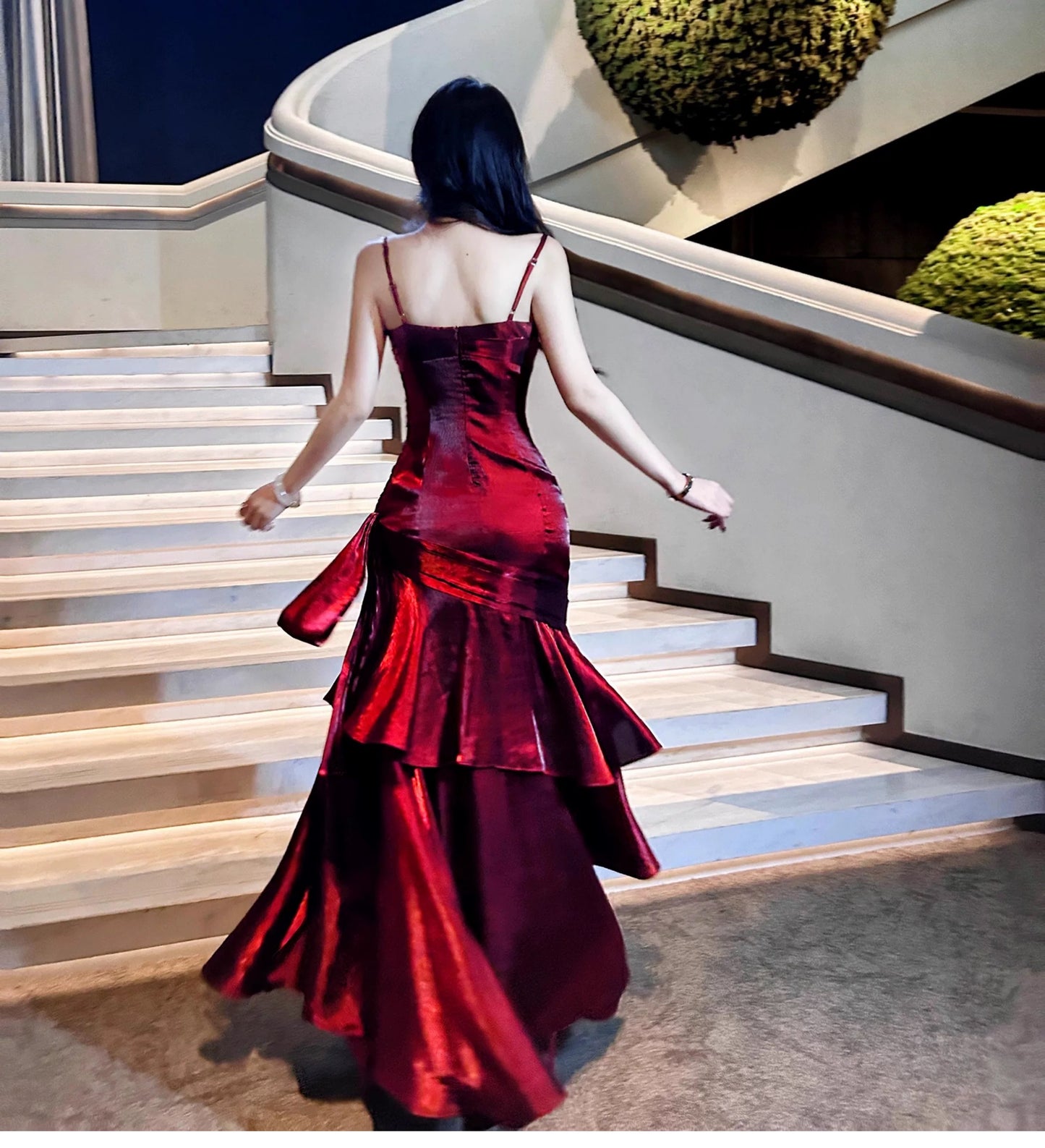 Robe de soirée sirène modest avec bretelles fines bordeaux pour croisière, soirée formelle, 21e anniversaire, tenue longue RB3881