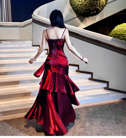 Robe de soirée sirène modest avec bretelles fines bordeaux pour croisière, soirée formelle, 21e anniversaire, tenue longue RB3881