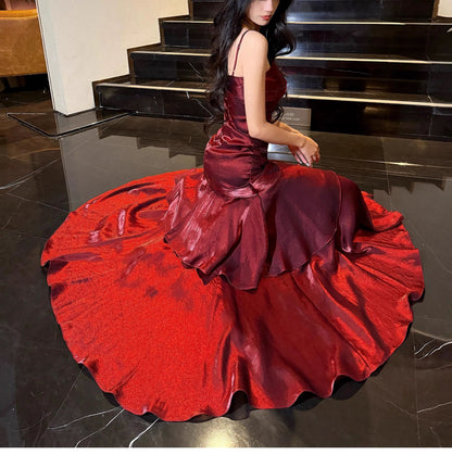 Robe de soirée sirène modest avec bretelles fines bordeaux pour croisière, soirée formelle, 21e anniversaire, tenue longue RB3881