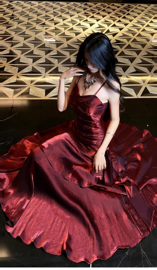 Modest Mermaid Spaghetti Strap Burgundy Wine Red Cruise Ship Formal Night Evening Dresses 21st Long Birthday Outfit RB3882
