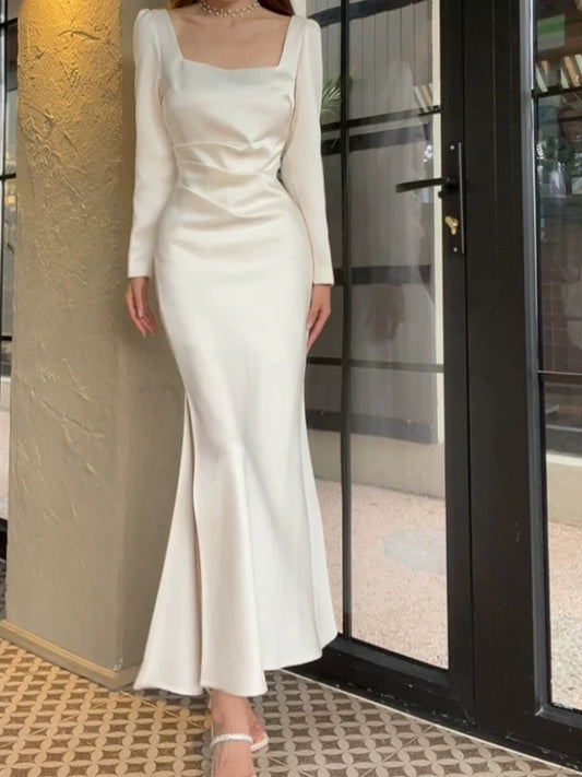 French Style Mermaid Square With Long Sleeves Spring Summer Event Outfits Wedding Guest Dresses RB3883
