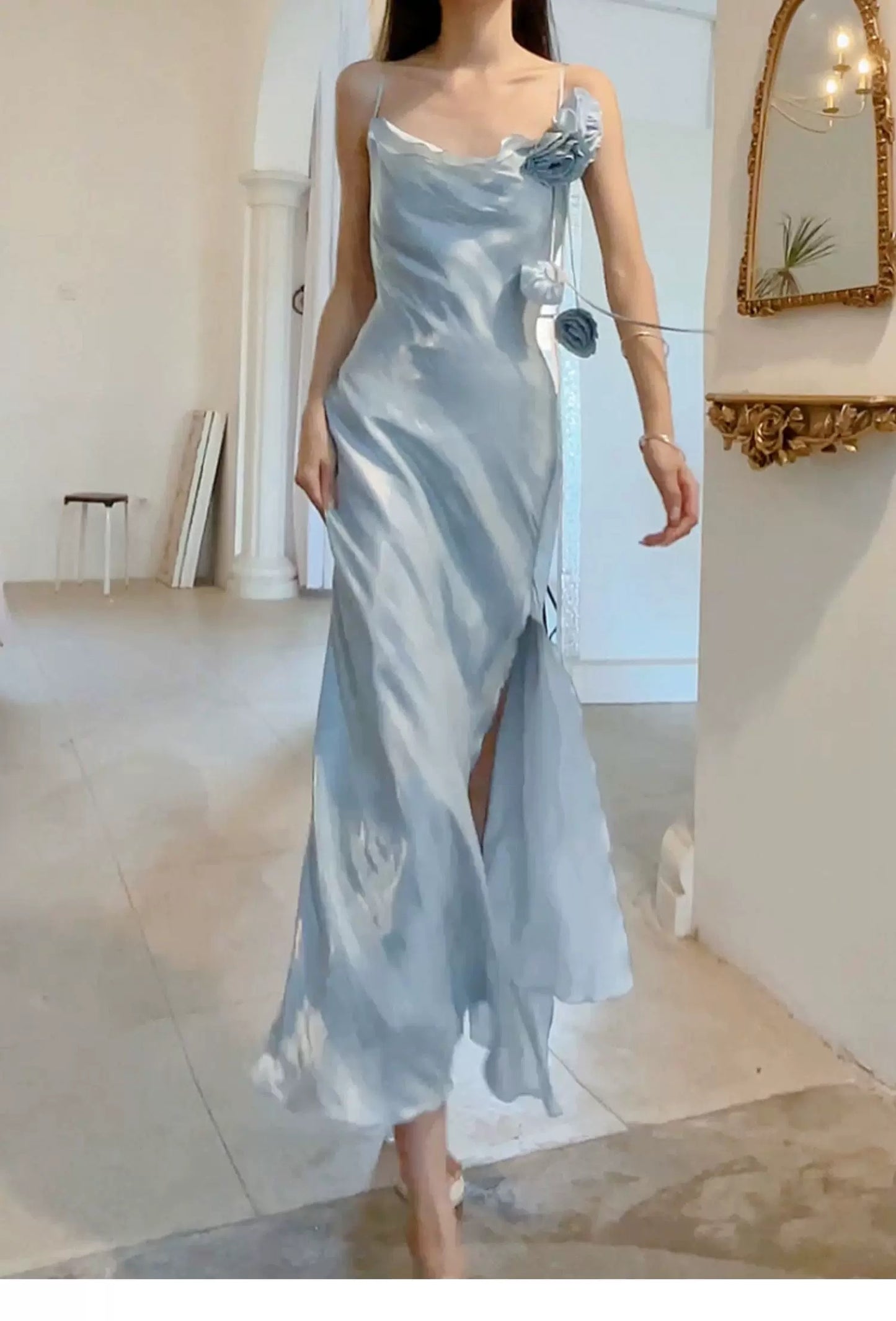 Elegant 2026 Sheath Spaghetti Straps Ice Blue With Split Semi Formal Summer Garden Beach Spring Event Outfits Wedding Guest Dresses RB4936