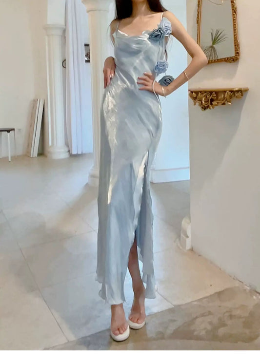 Elegant 2026 Sheath Spaghetti Straps Ice Blue With Split Semi Formal Summer Garden Beach Spring Event Outfits Wedding Guest Dresses RB4936