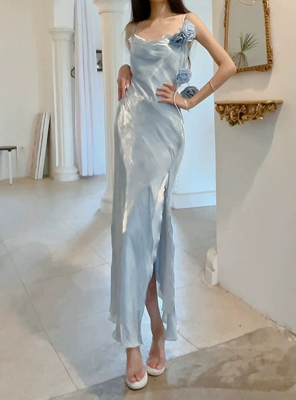 Elegant 2026 Sheath Spaghetti Straps Ice Blue With Split Semi Formal Summer Garden Beach Spring Event Outfits Wedding Guest Dresses RB4936