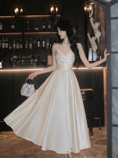 Simple A Line Spaghetti Straps Ivory Satin Outdoor Semi Formal Summer Garden Beach Spring Event Outfits Wedding Guest Dresses RB4938