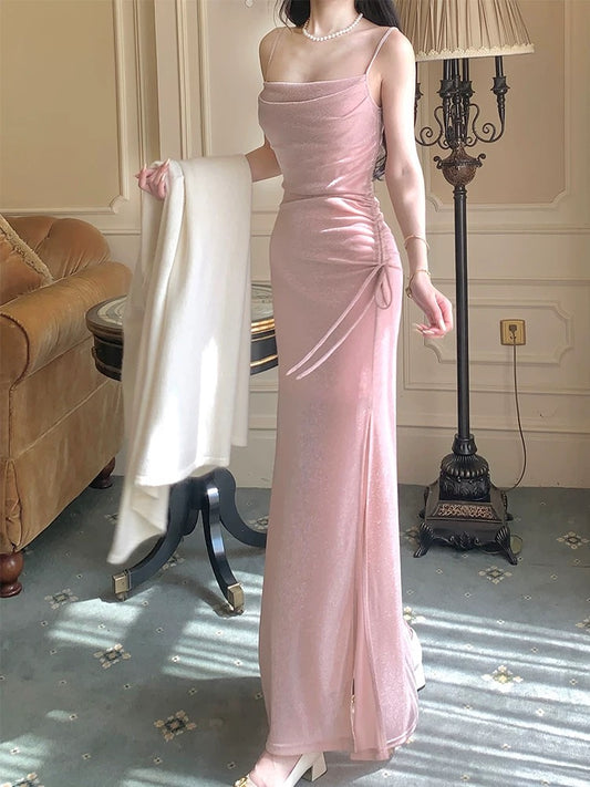 Artistic Mermaid Spaghetti Straps Pink Sequin Outdoor Semi Formal Summer Garden Beach Spring Event Outfits Wedding Guest Dresses RB4939