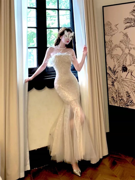 Artistic Mermaid Strapless Champagne Sequin Outdoor Semi Formal Summer Garden Beach Spring Event Outfits Wedding Guest Dresses RB4940