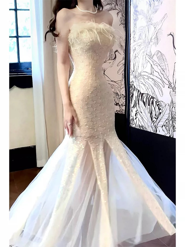 Artistic Mermaid Strapless Champagne Sequin Outdoor Semi Formal Summer Garden Beach Spring Event Outfits Wedding Guest Dresses RB4940