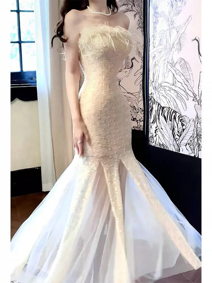 Artistic Mermaid Strapless Champagne Sequin Outdoor Semi Formal Summer Garden Beach Spring Event Outfits Wedding Guest Dresses RB4940