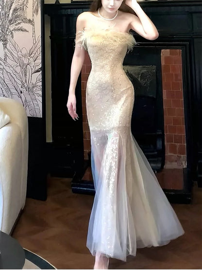 Artistic Mermaid Strapless Champagne Sequin Outdoor Semi Formal Summer Garden Beach Spring Event Outfits Wedding Guest Dresses RB4940