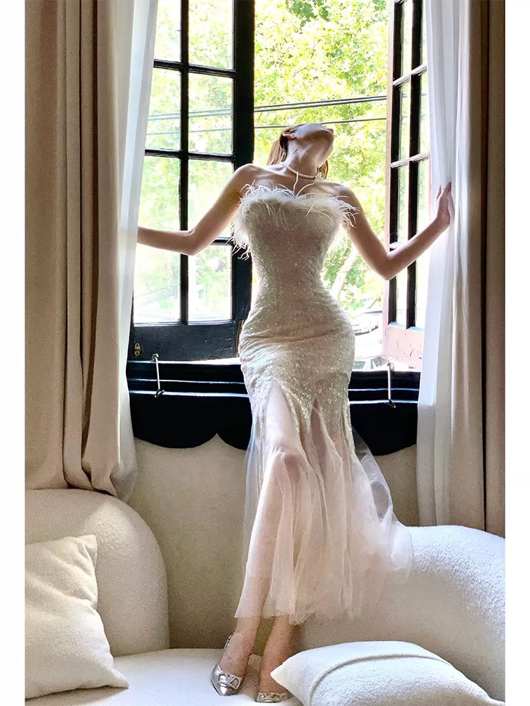 Artistic Mermaid Strapless Champagne Sequin Outdoor Semi Formal Summer Garden Beach Spring Event Outfits Wedding Guest Dresses RB4940