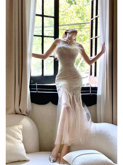 Artistic Mermaid Strapless Champagne Sequin Outdoor Semi Formal Summer Garden Beach Spring Event Outfits Wedding Guest Dresses RB4940