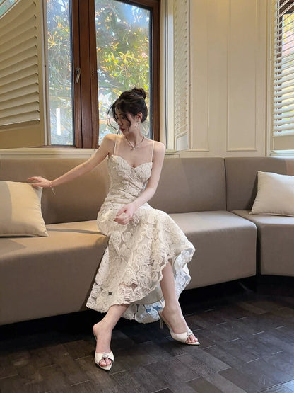 Artistic Mermaid Spaghetti Strap Lace Outdoor Semi Formal Summer Garden Beach Spring Event Outfits Wedding Guest Dresses RB4941