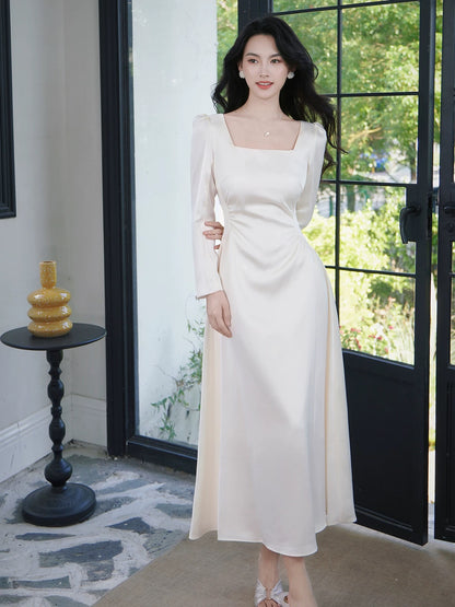 Artistic A Line Square Neck Long Sleeves Satin Outdoor Semi Formal Summer Garden Beach Spring Event Outfits Wedding Guest Dresses RB4944