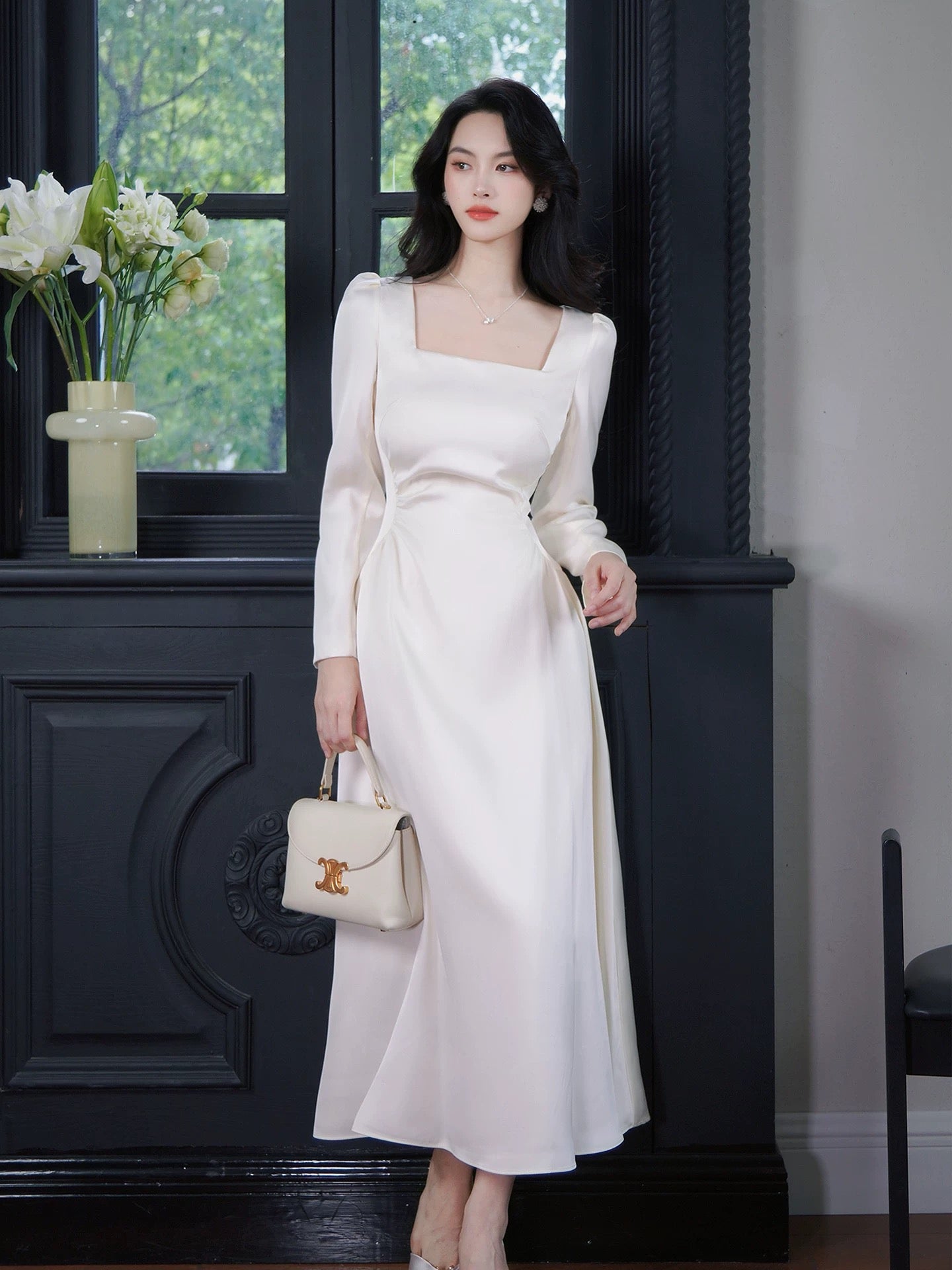 Artistic A Line Square Neck Long Sleeves Satin Outdoor Semi Formal Summer Garden Beach Spring Event Outfits Wedding Guest Dresses RB4944