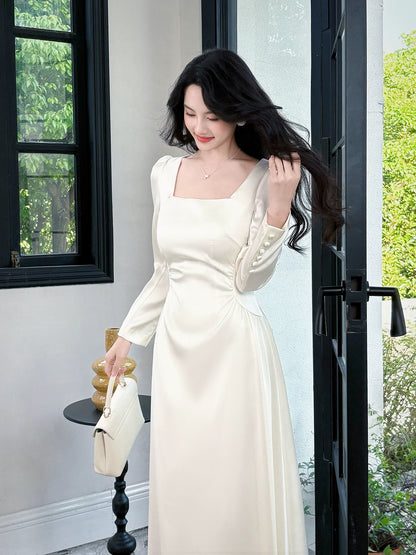 Artistic A Line Square Neck Long Sleeves Satin Outdoor Semi Formal Summer Garden Beach Spring Event Outfits Wedding Guest Dresses RB4944